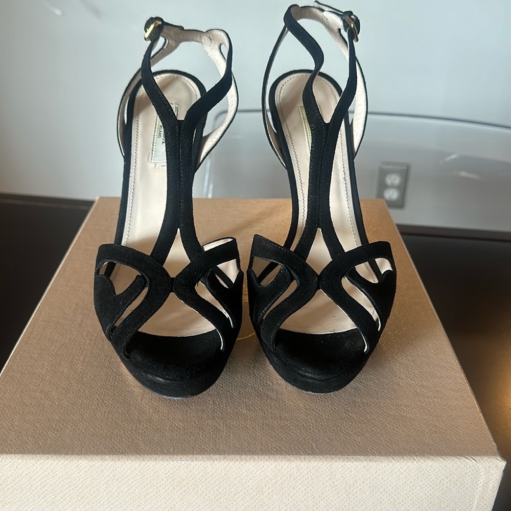 Prada black suede caged t-strap platform sandal size 37.5